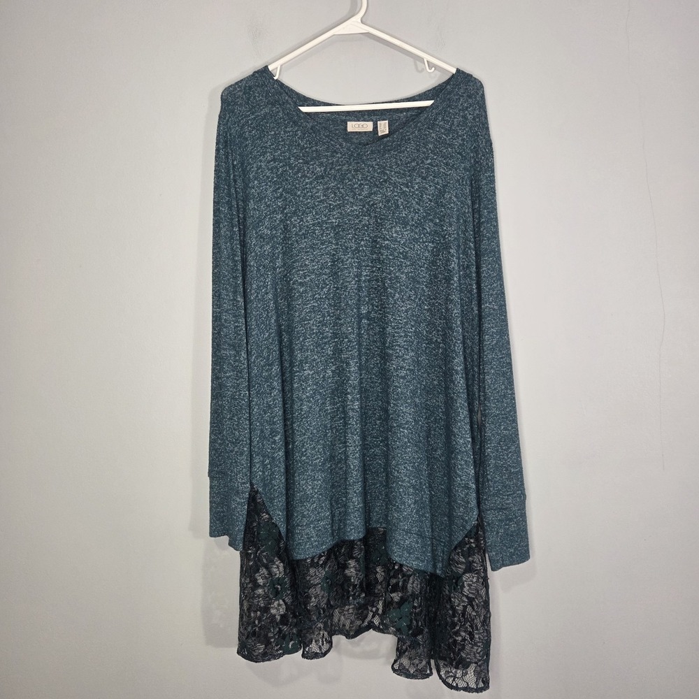 LOGO Lori Goldstein 2X‎ Pull On Tunic Top Heathered  Tiered Lace Hem Lagenlook